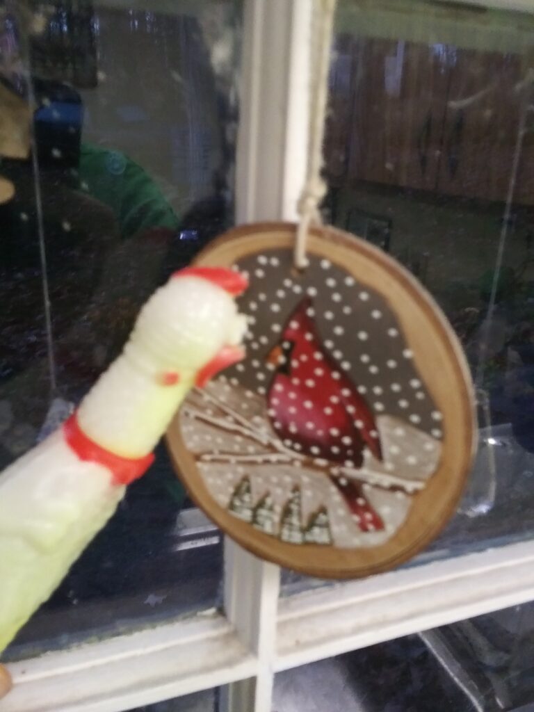 Chick-o, a rubber chicken, is posing with Carina, an image of a cardinal in a snow scene on a wooden Christmas ornament in front of a window